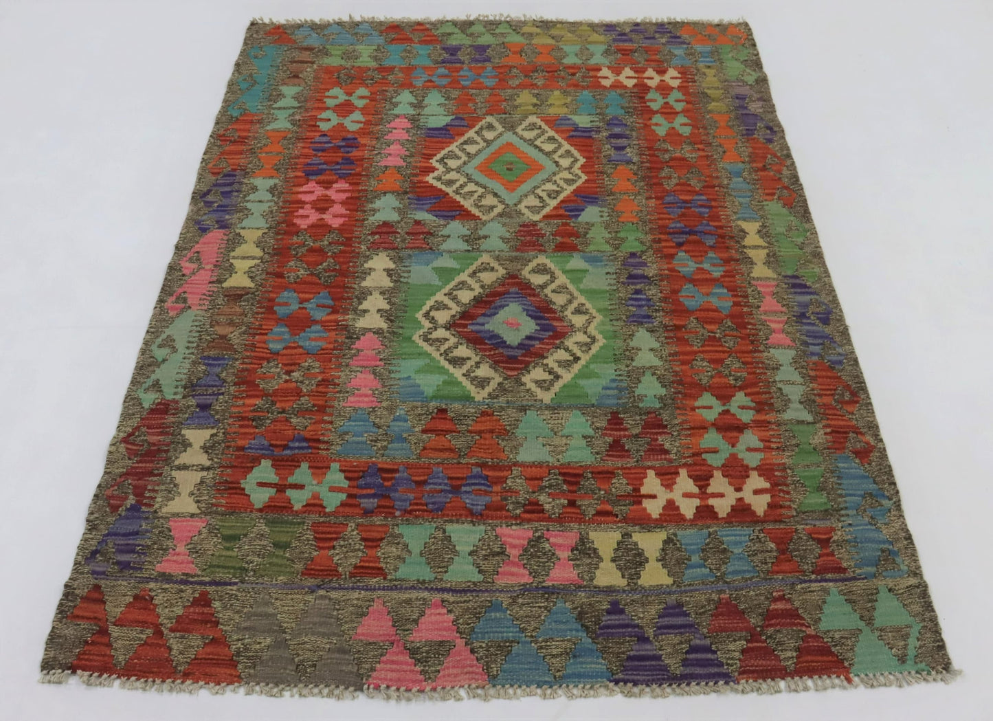 4x5 Ft Red Turkish Kilim Hand Knotted Aztec Area Rug
