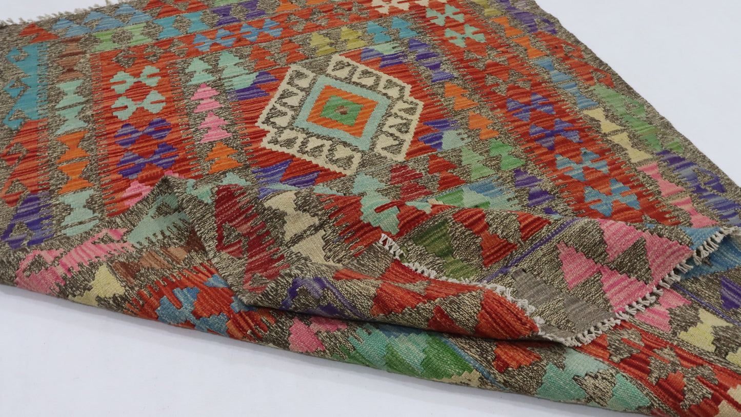 4x5 Ft Red Turkish Kilim Hand Knotted Aztec Area Rug