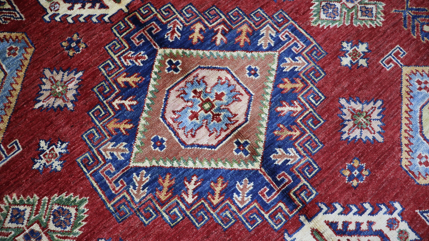 5x7 ft Oriental Area Rug, Red Afghan Hand Knotted Wool Traditional Carpet, Rugs For Living Room, Bedroom Rug, Kitchen Rug, Geometric Rug
