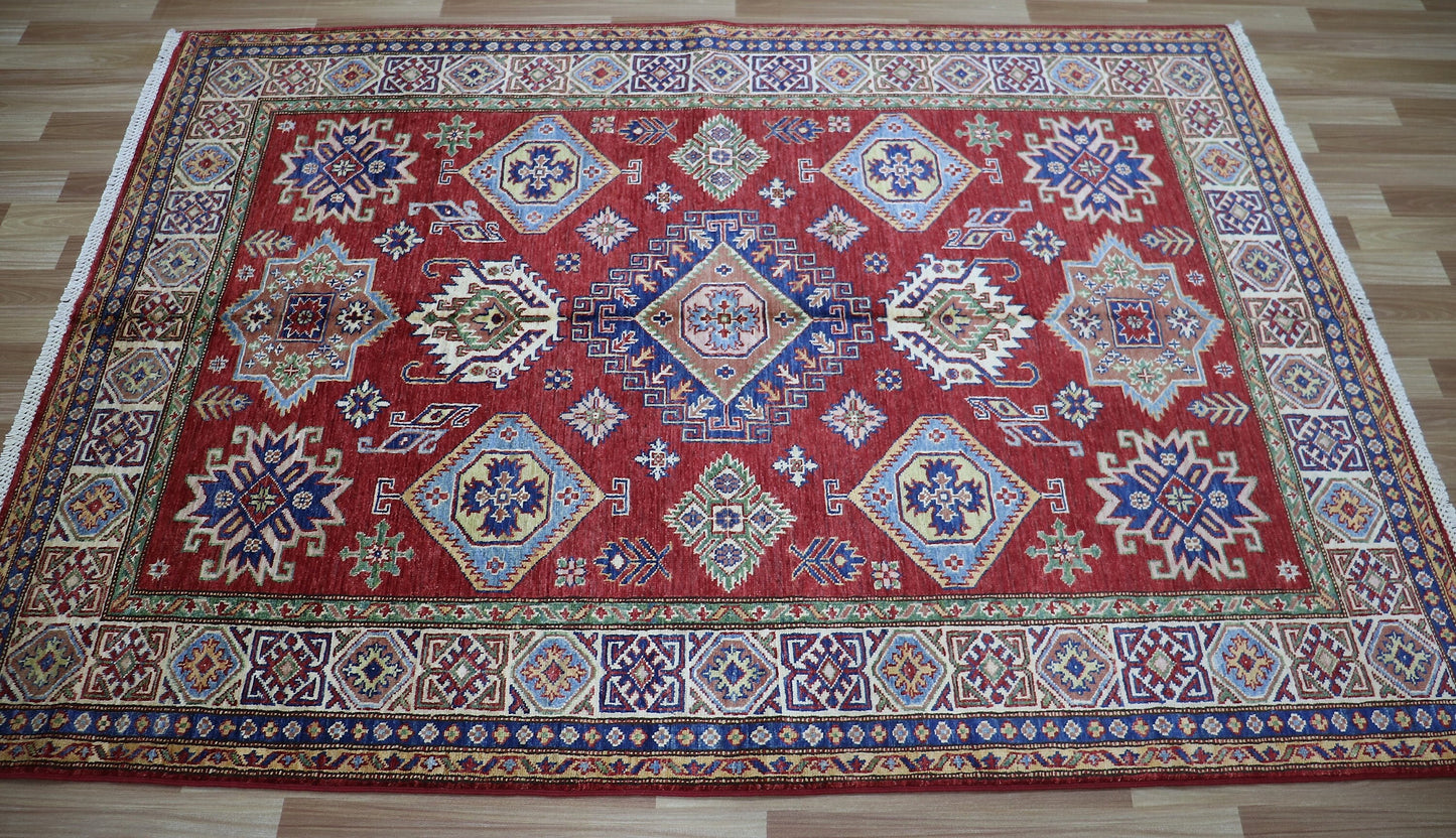 5x7 ft Oriental Area Rug, Red Afghan Hand Knotted Wool Traditional Carpet, Rugs For Living Room, Bedroom Rug, Kitchen Rug, Geometric Rug