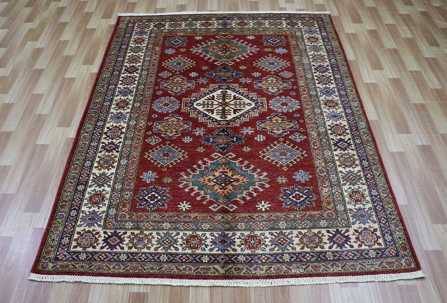 5x7 ft Traditional Kazak Area Rug, Red Afghan Hand Knotted Wool Carpet, Rugs For Living Room, Bedroom Rug, Dining Table Rug, Kitchen Rug