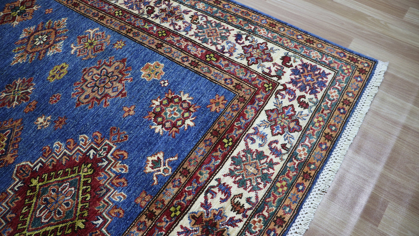 6x8 ft Kazak Area Rug, Blue Geometric Afghan Hand Knotted Wool Traditional Rectangle Carpet, Rugs For Living Room, Bedroom Rug, Dining Table
