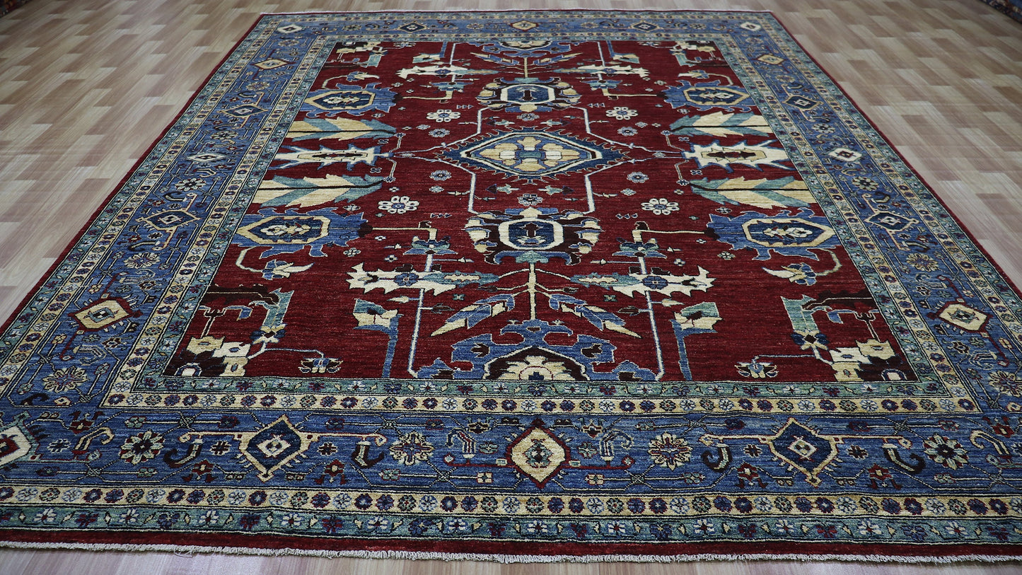 8x10 Ft Heriz Large Area Rug, Red Afghan Hand Knotted Wool Traditional Rectangle Carpet, Rug For Living Room, Bedroom Rug, Dining Table Rug