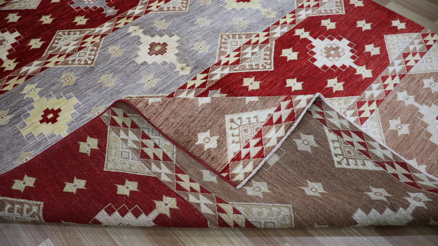 7x10 Ft Oriental Area Rug, Red Afghan Hand Knotted Wool Traditional Rectangle Carpet, Rugs For Living Room, Bedroom Rug, Dining Table Rug