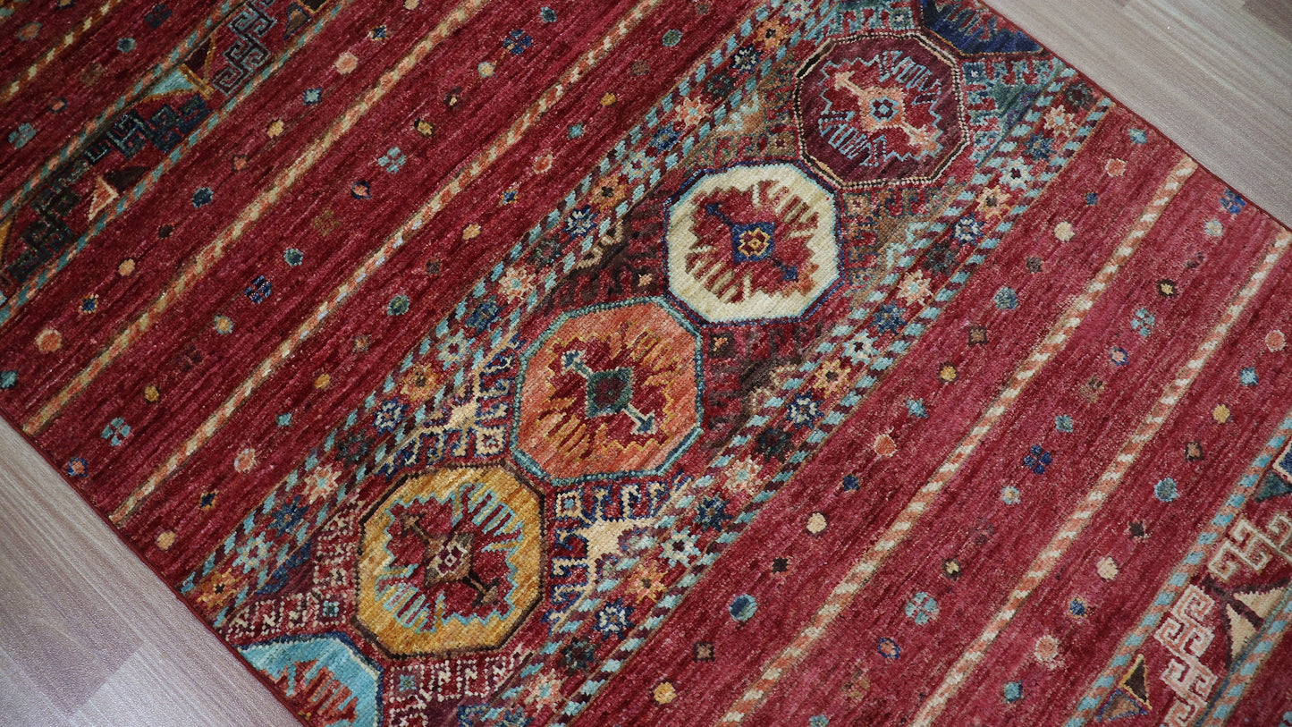 8 Ft Red Hand Knotted Wool Runner Rug, Afghan Traditional Rectangle Carpet, Entryway Rug, Hallway Rug, Kitchen Rug, Foyer Rug, Oriental Rug