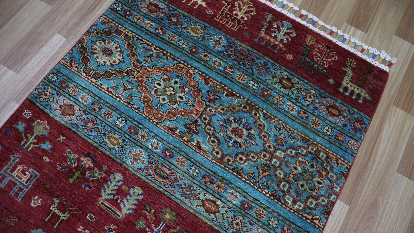 10 Ft Animal Design Runner Rug, Red Afghan Hand Knotted Wool Traditional Rectangle Carpet, Entryway Rug, Hallway Rug, Kitchen Rug, Foyer Rug