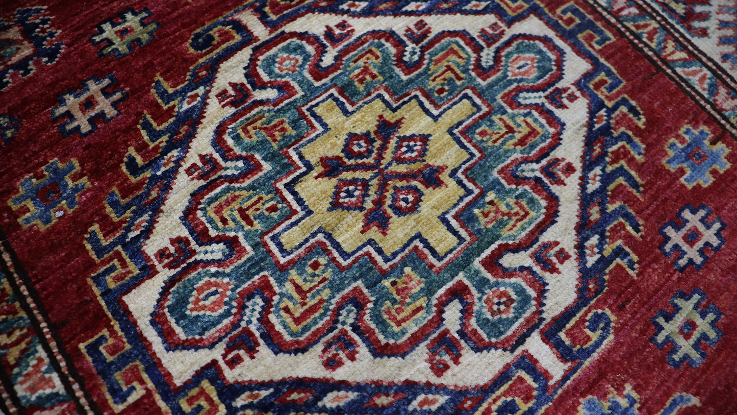 8 Ft Oriental Kazak Runner Rug, Red Afghan Hand Knotted Wool Traditional Rectangle Carpet, Entryway Rug, Hallway Rug, Kitchen Rug, Foyer Rug
