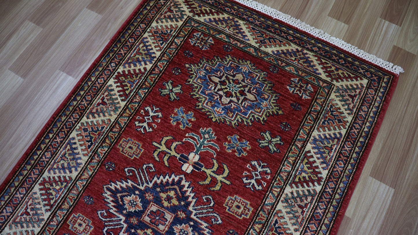 8 Ft Oriental Kazak Runner Rug, Red Afghan Hand Knotted Wool Traditional Rectangle Carpet, Entryway Rug, Hallway Rug, Kitchen Rug, Foyer Rug