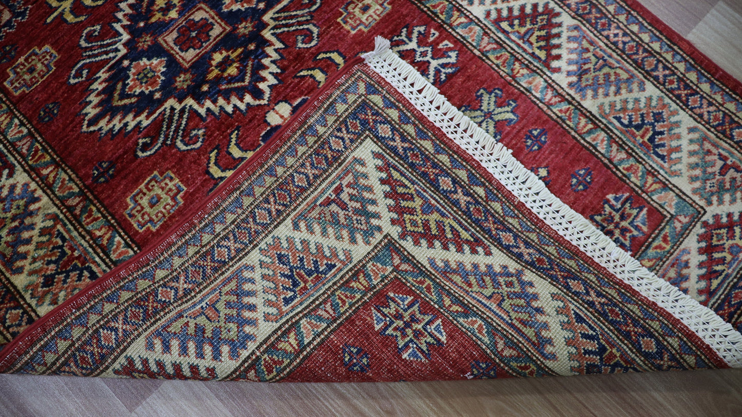 8 Ft Oriental Kazak Runner Rug, Red Afghan Hand Knotted Wool Traditional Rectangle Carpet, Entryway Rug, Hallway Rug, Kitchen Rug, Foyer Rug