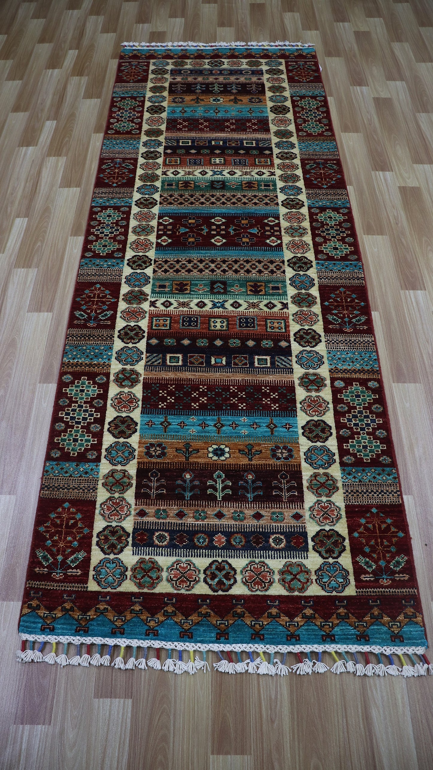 8 Ft Hand Knotted Wool Runner Rug, Red Afghan Traditional Rectangle Carpet, Entryway Rug, Hallway Rug, Kitchen Rug, Foyer Rug, Oriental Rug