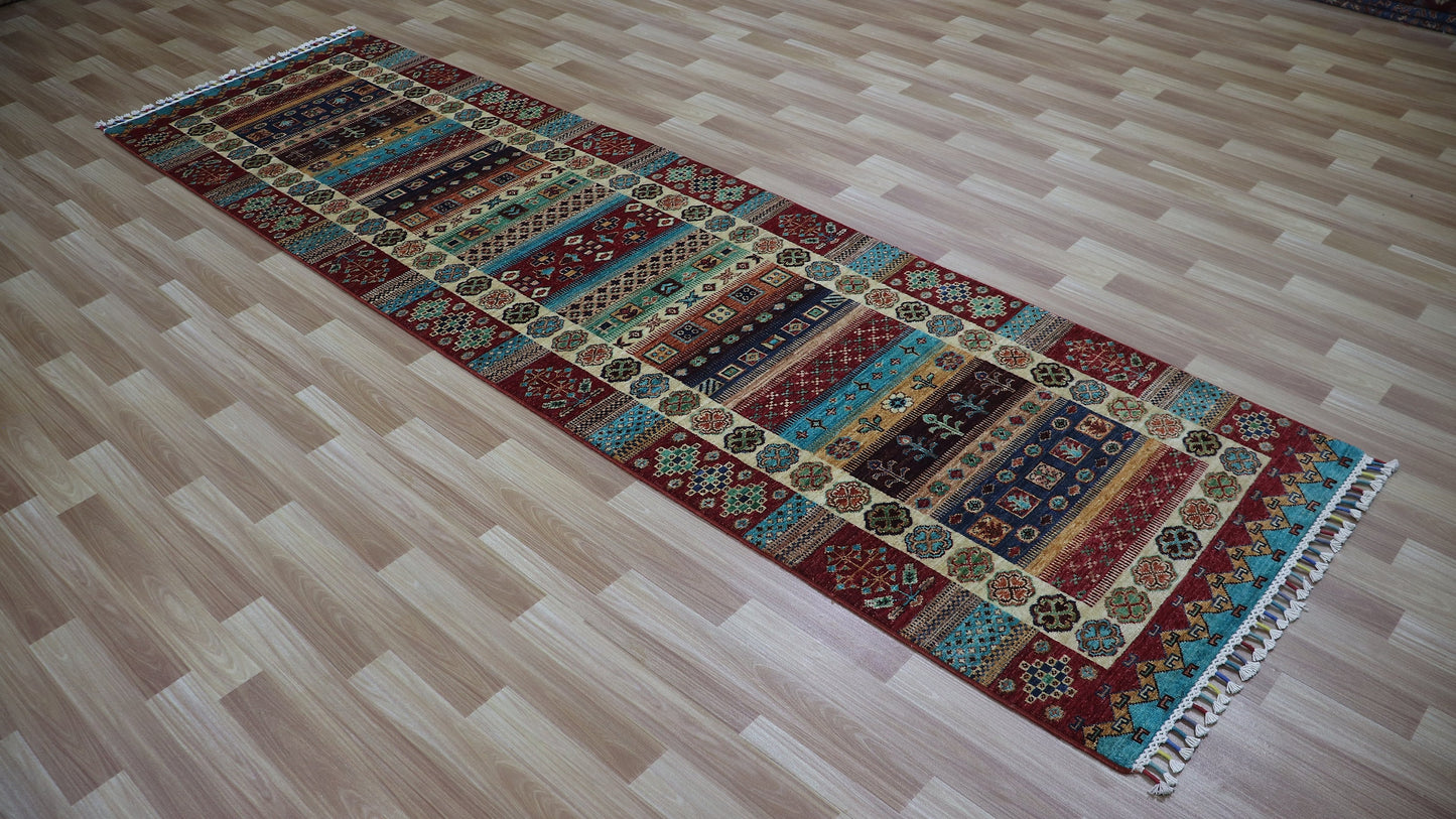 10 Ft Gabbeh Runner Rug, Afghan Hand Knotted Wool Traditional Rectangle Carpet, Entryway Rug, Hallway Rug, Kitchen Rug, Foyer Rug, Stair Rug