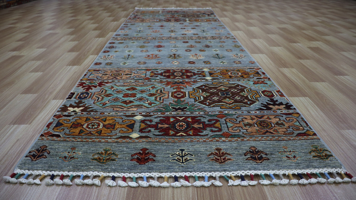 9 Ft Wool Runner Rug, Afghan Hand Knotted Veg Dye Traditional Rectangle Carpet, Entryway Rug, Hallway Rug, Kitchen Rug, Foyer Rug, Stair Rug