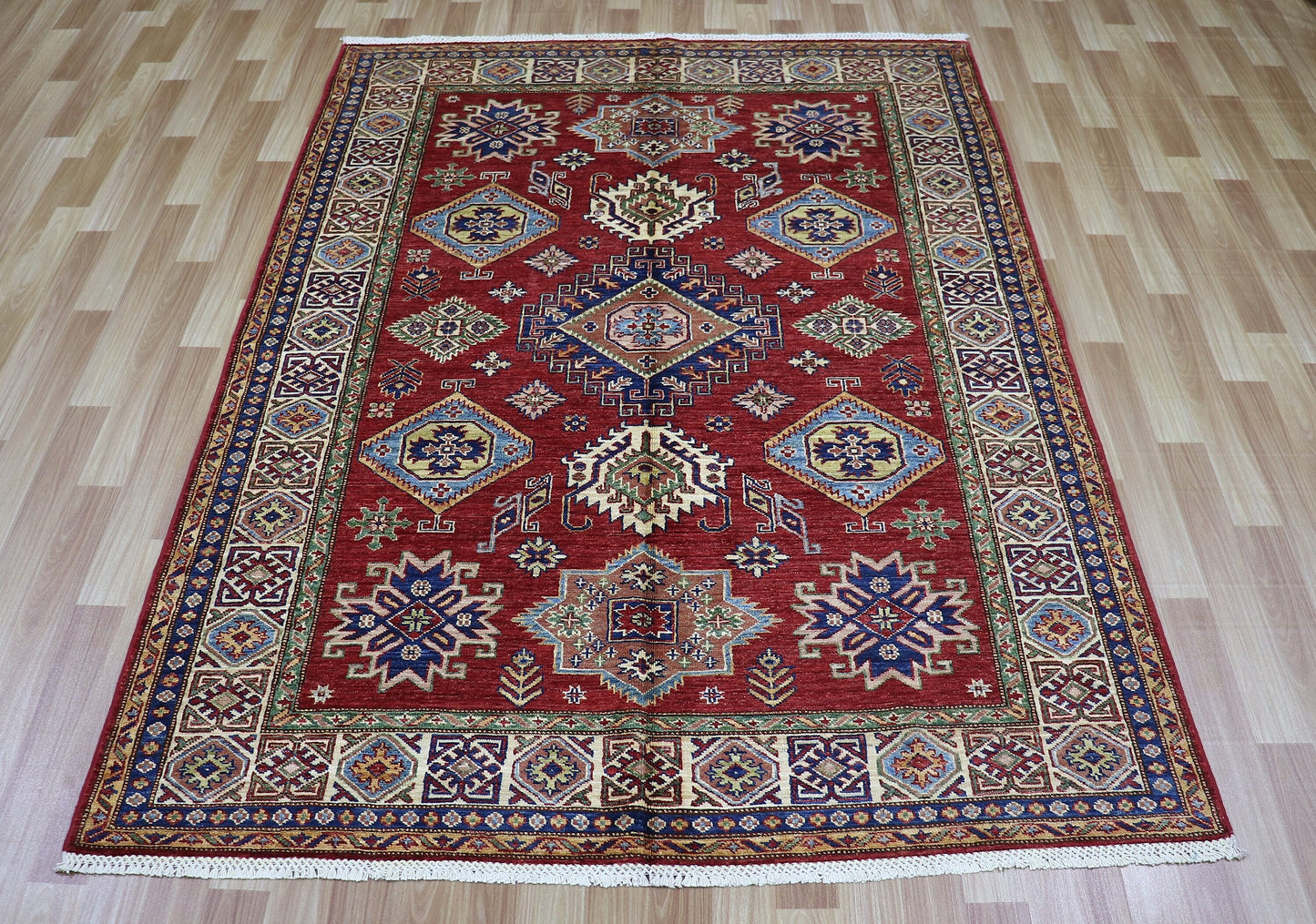 5x7 ft Oriental Area Rug, Red Afghan Hand Knotted Wool Traditional Carpet, Rugs For Living Room, Bedroom Rug, Kitchen Rug, Geometric Rug