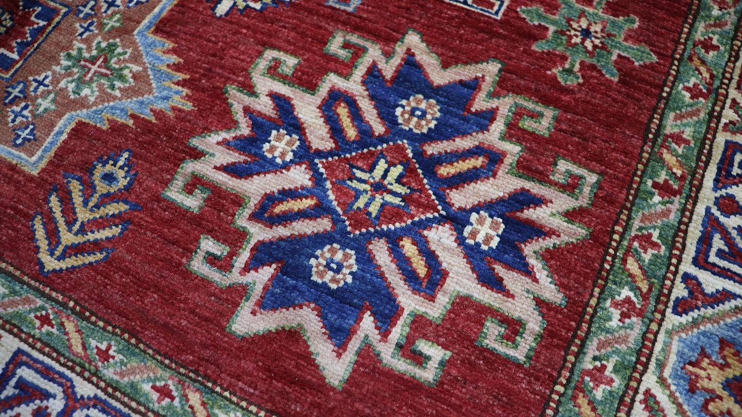 5x7 ft Oriental Area Rug, Red Afghan Hand Knotted Wool Traditional Carpet, Rugs For Living Room, Bedroom Rug, Kitchen Rug, Geometric Rug