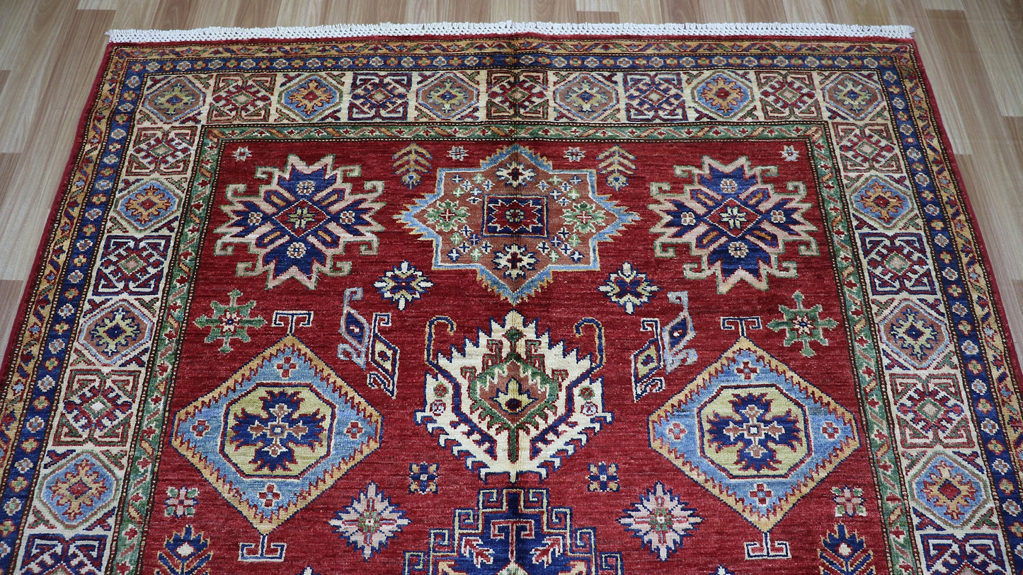 5x7 ft Oriental Area Rug, Red Afghan Hand Knotted Wool Traditional Carpet, Rugs For Living Room, Bedroom Rug, Kitchen Rug, Geometric Rug