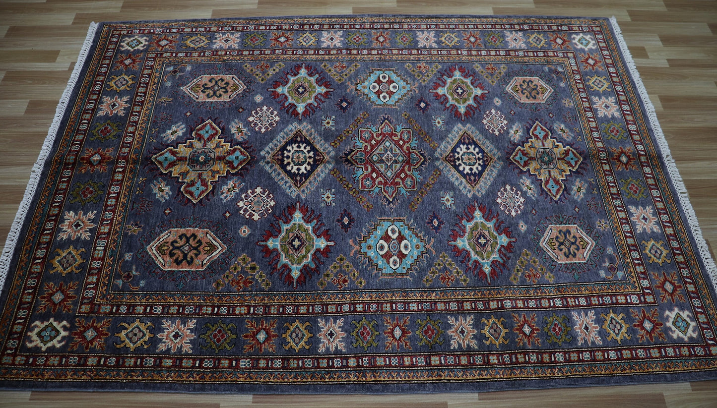 5x7 ft Kazak Area Rug, Gray Afghan Hand Knotted Wool Traditional Carpet, Rugs For Living Room, Bedroom Rug, Dining Table Rug, Kitchen Rug