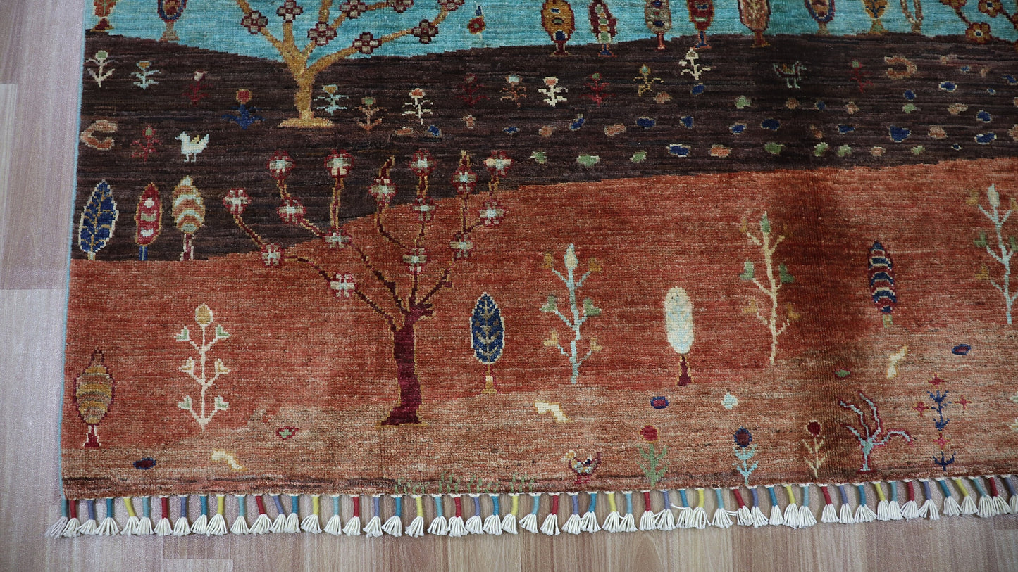 6x8 ft Gabbeh Landscape Area Rug, Afghan Hand Knotted Wool Traditional Rectangle Carpet, Rug For Living Room, Bedroom Rug, Tribal Design Rug