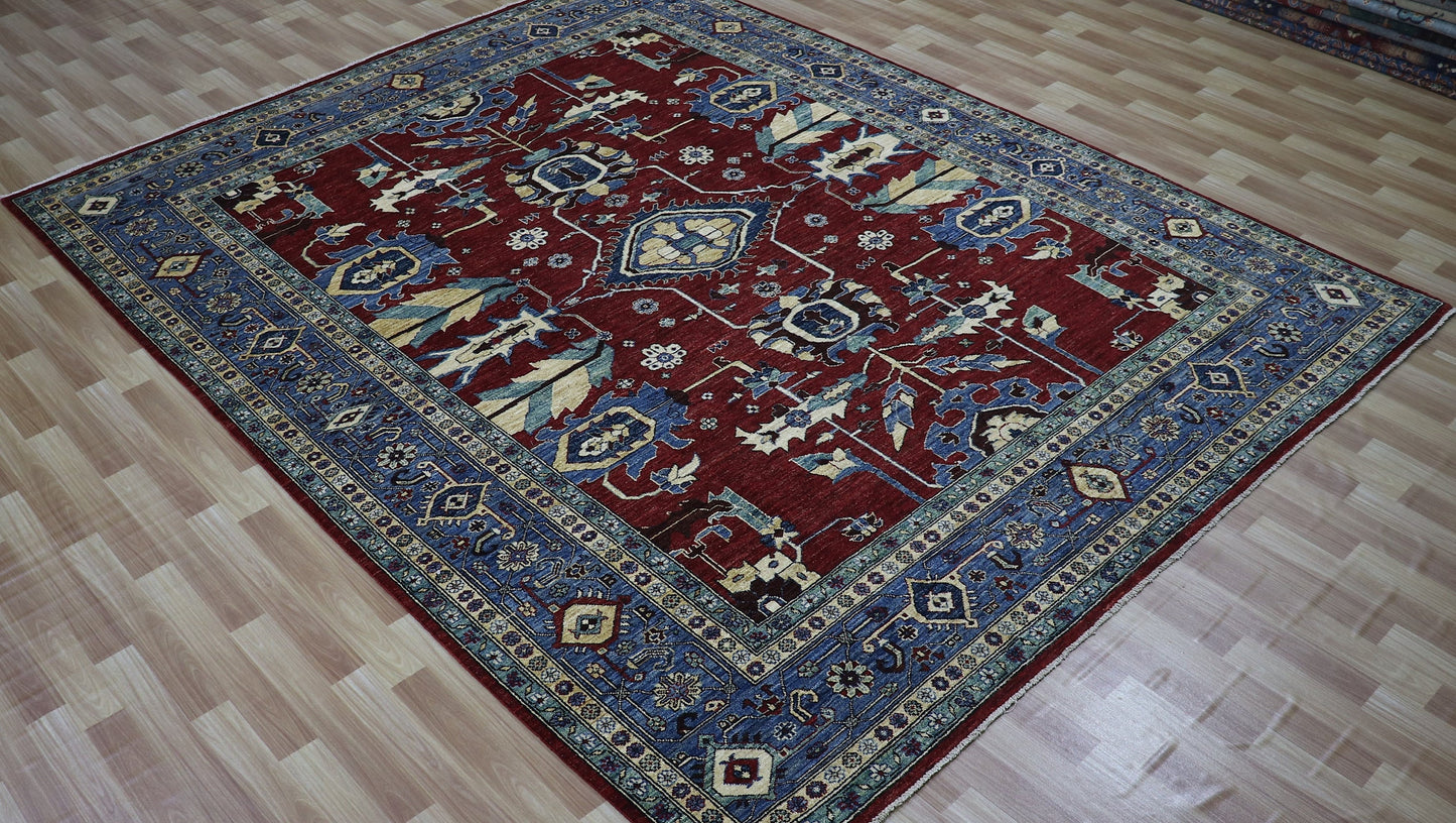 8x10 Ft Heriz Large Area Rug, Red Afghan Hand Knotted Wool Traditional Rectangle Carpet, Rug For Living Room, Bedroom Rug, Dining Table Rug
