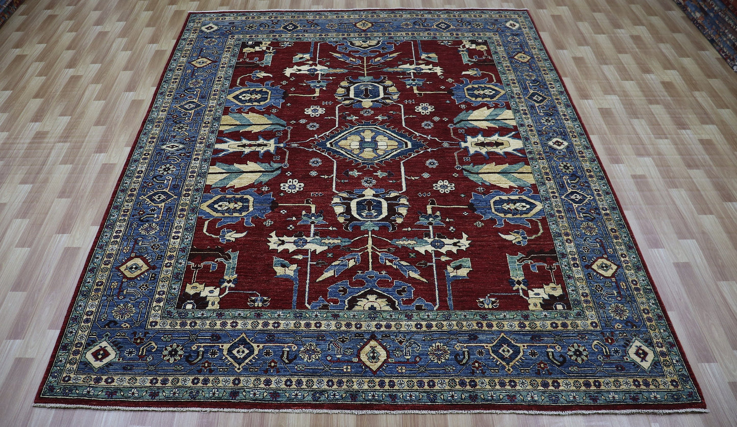 8x10 Ft Heriz Large Area Rug, Red Afghan Hand Knotted Wool Traditional Rectangle Carpet, Rug For Living Room, Bedroom Rug, Dining Table Rug