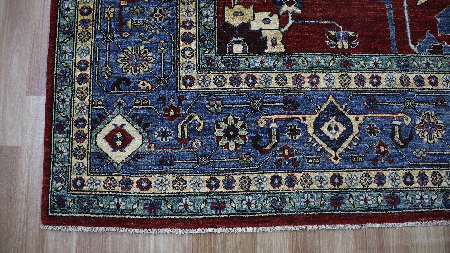 8x10 Ft Heriz Large Area Rug, Red Afghan Hand Knotted Wool Traditional Rectangle Carpet, Rug For Living Room, Bedroom Rug, Dining Table Rug