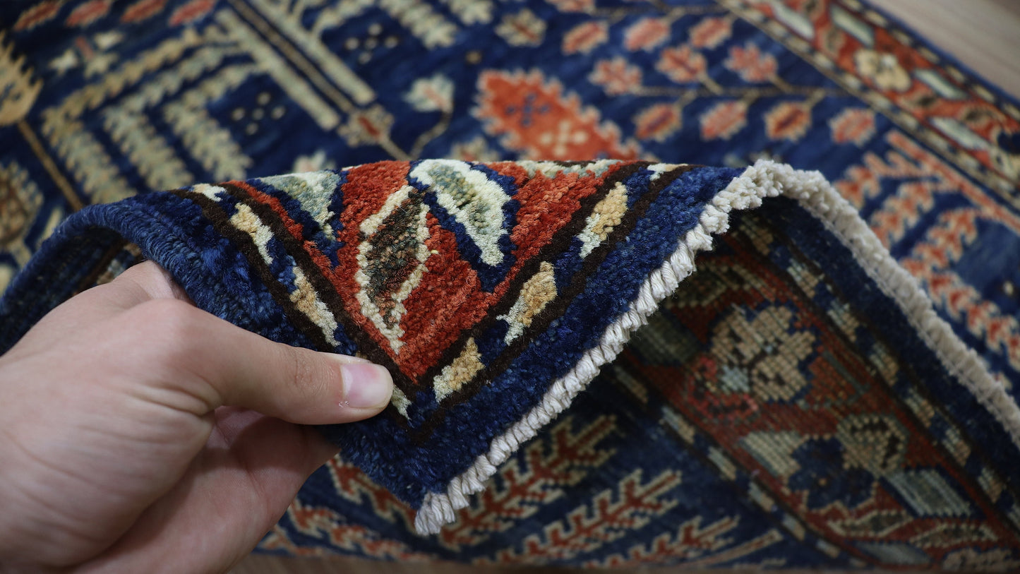 3x4 Ft Floral Small Area Rug, Navy Blue Afghan Hand Knotted Wool Traditional Rectangle Carpet, Rugs For Entryway, Kitchen Rug, Bathroom Rug