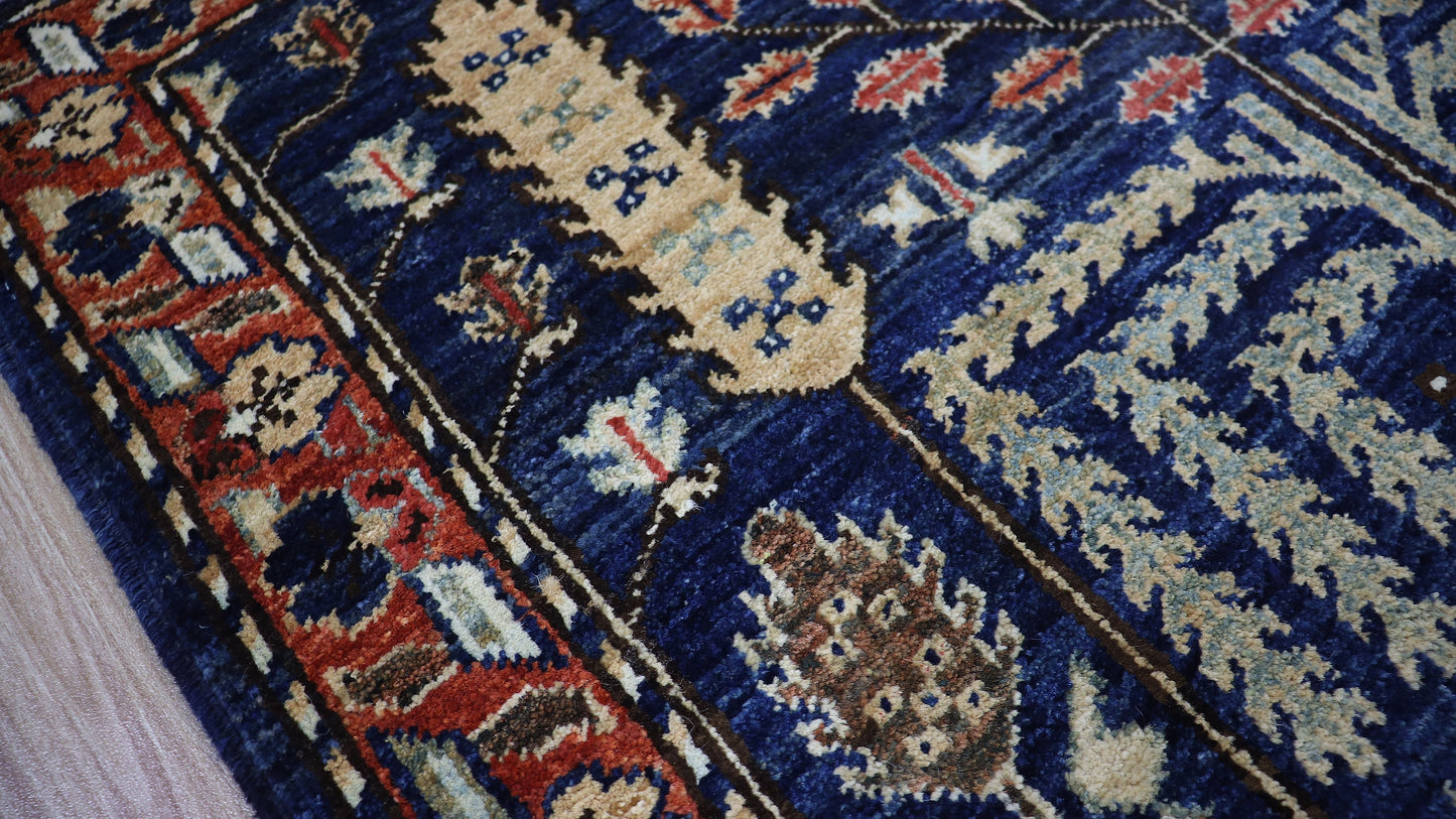 3x4 Ft Floral Small Area Rug, Navy Blue Afghan Hand Knotted Wool Traditional Rectangle Carpet, Rugs For Entryway, Kitchen Rug, Bathroom Rug