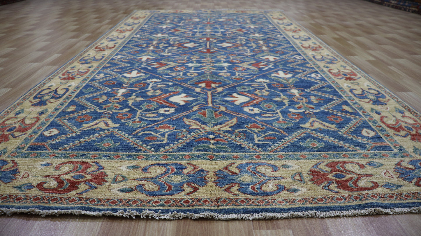 5x10 Ft Oriental Area Rug, Blue Afghan Hand Knotted Wool Traditional Rectangle Carpet, Rugs For Living Room, Bedroom Rug, Dining Table Rug