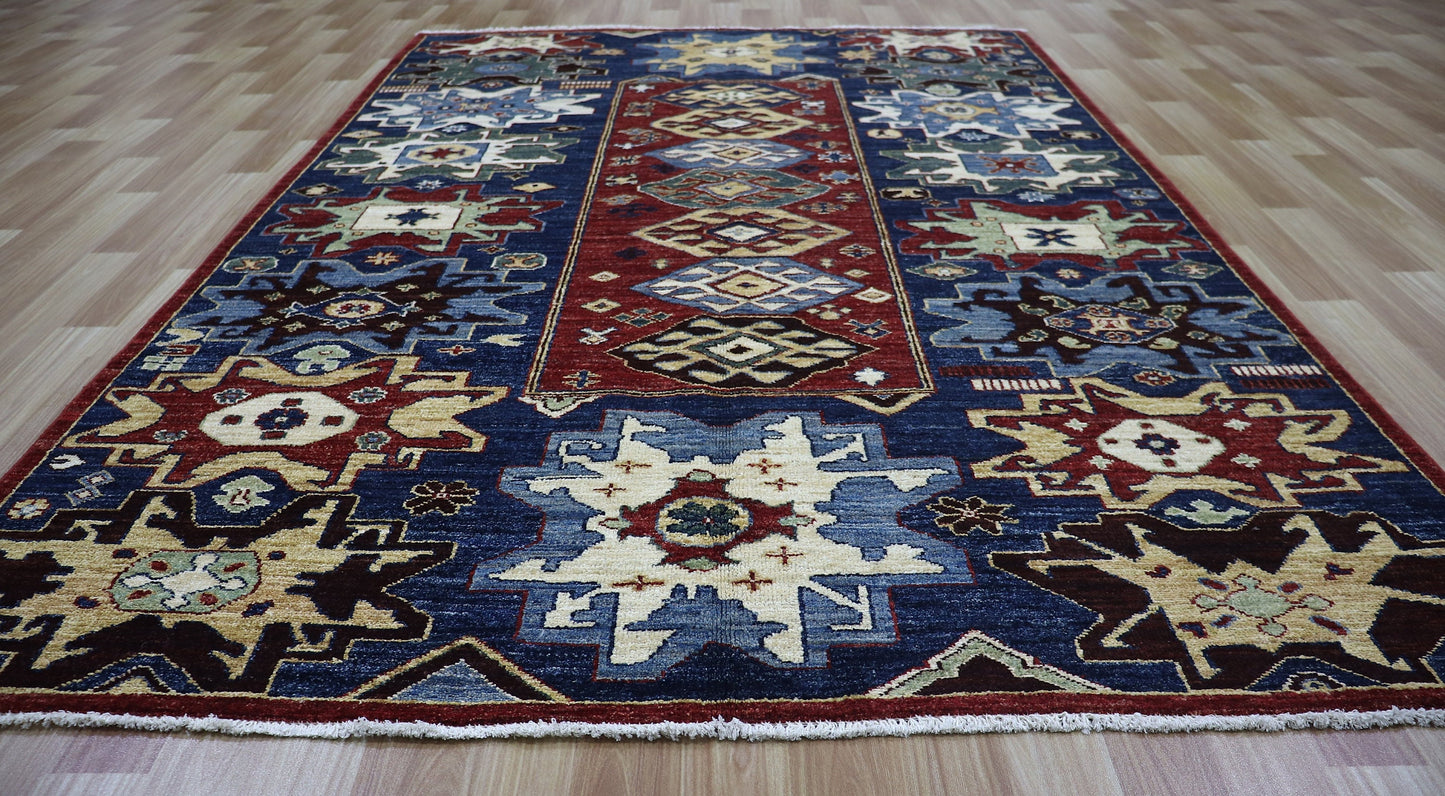 5x7 Ft Oriental Area Rug, Blue Afghan Hand Knotted Wool Traditional Rectangle Carpet, Rugs For Living Room, Bedroom Rug, Dining Table Rug