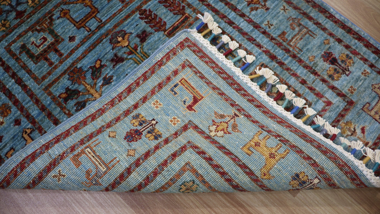 8 Ft Animal Print Runner Rug, Blue Afghan Hand Knotted Wool Traditional Rectangle Carpet, Entryway Rug, Hallway Rug, Kitchen Rug, Foyer Rug