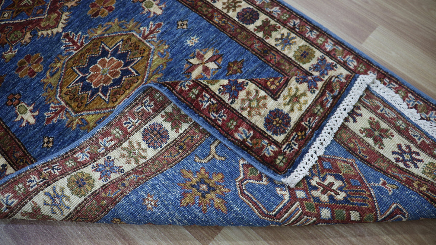 13 Ft Kazak Oriental Long Runner Rug, Blue Afghan Hand Knotted Wool Traditional Carpet, Entryway Rug, Hallway Rug, Kitchen Rug, Stair Rug