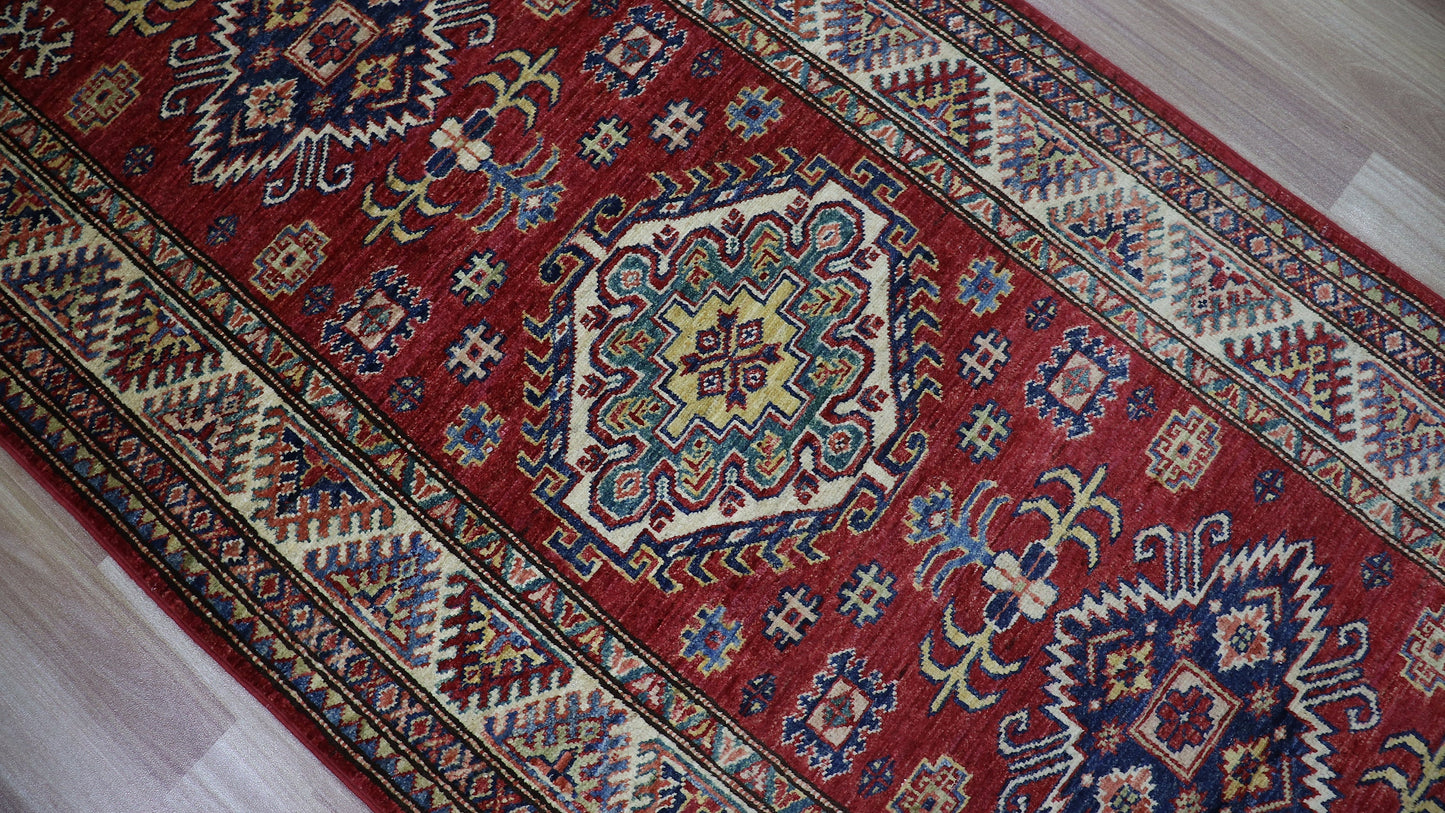 8 Ft Oriental Kazak Runner Rug, Red Afghan Hand Knotted Wool Traditional Rectangle Carpet, Entryway Rug, Hallway Rug, Kitchen Rug, Foyer Rug