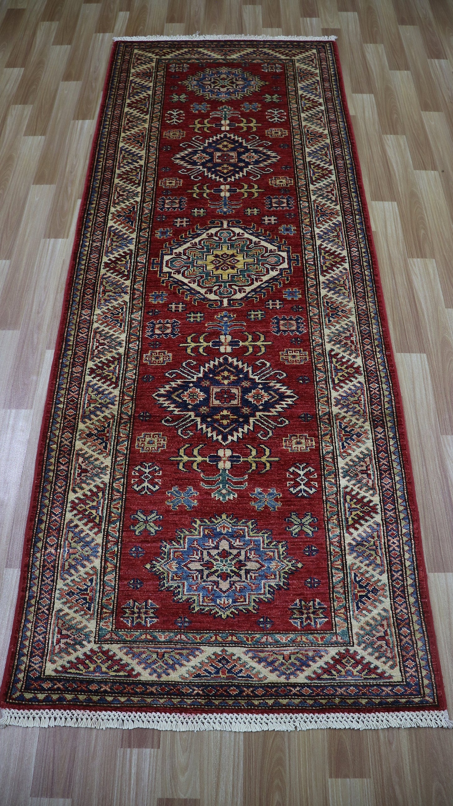 8 Ft Oriental Kazak Runner Rug, Red Afghan Hand Knotted Wool Traditional Rectangle Carpet, Entryway Rug, Hallway Rug, Kitchen Rug, Foyer Rug