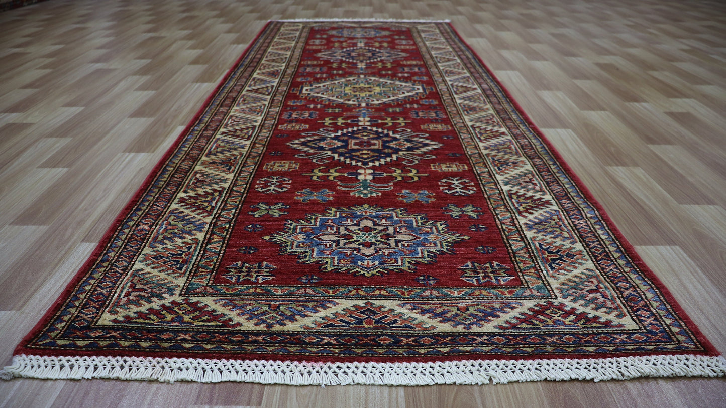 8 Ft Oriental Kazak Runner Rug, Red Afghan Hand Knotted Wool Traditional Rectangle Carpet, Entryway Rug, Hallway Rug, Kitchen Rug, Foyer Rug