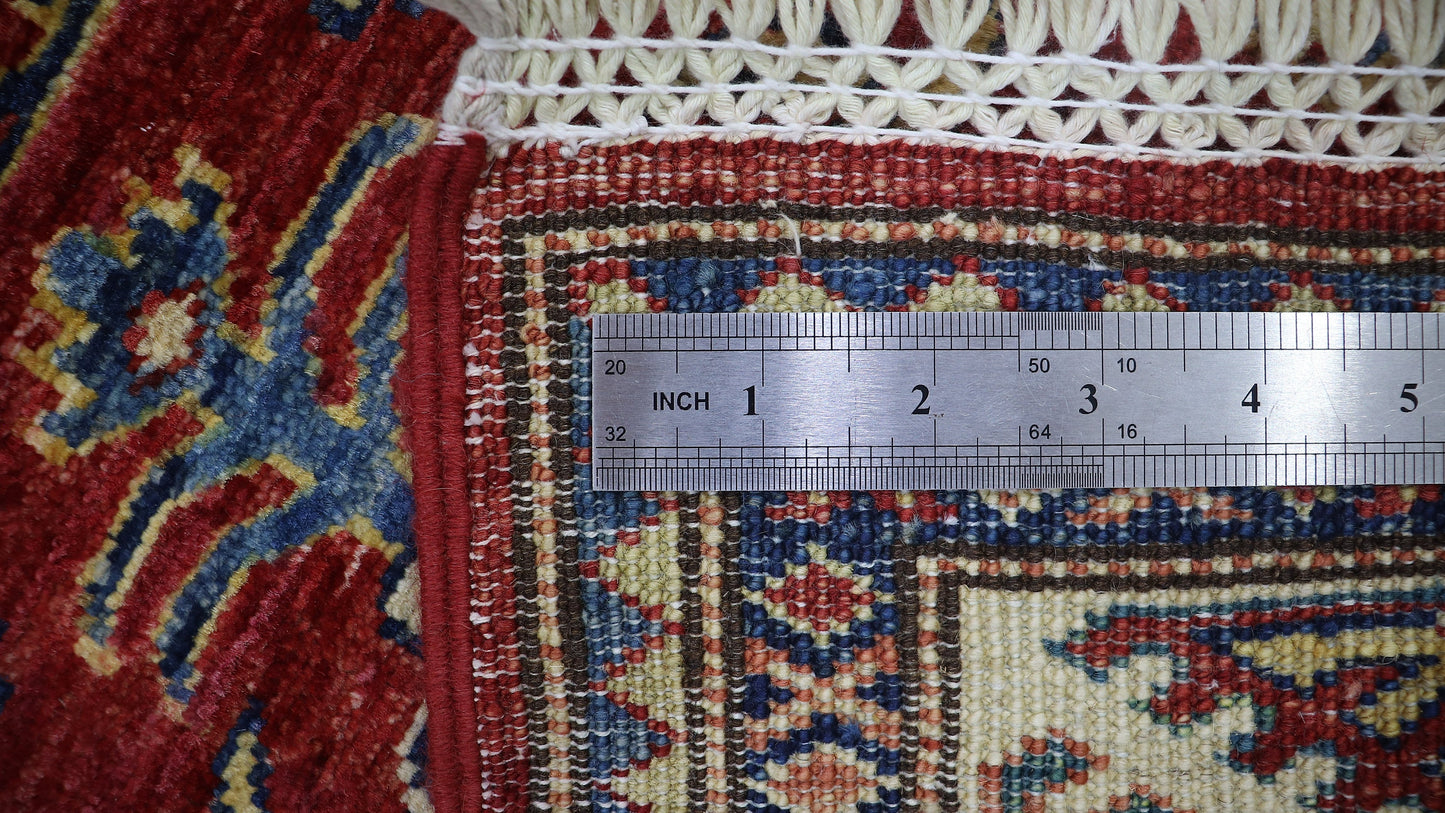 8 Ft Oriental Kazak Runner Rug, Red Afghan Hand Knotted Wool Traditional Rectangle Carpet, Entryway Rug, Hallway Rug, Kitchen Rug, Foyer Rug