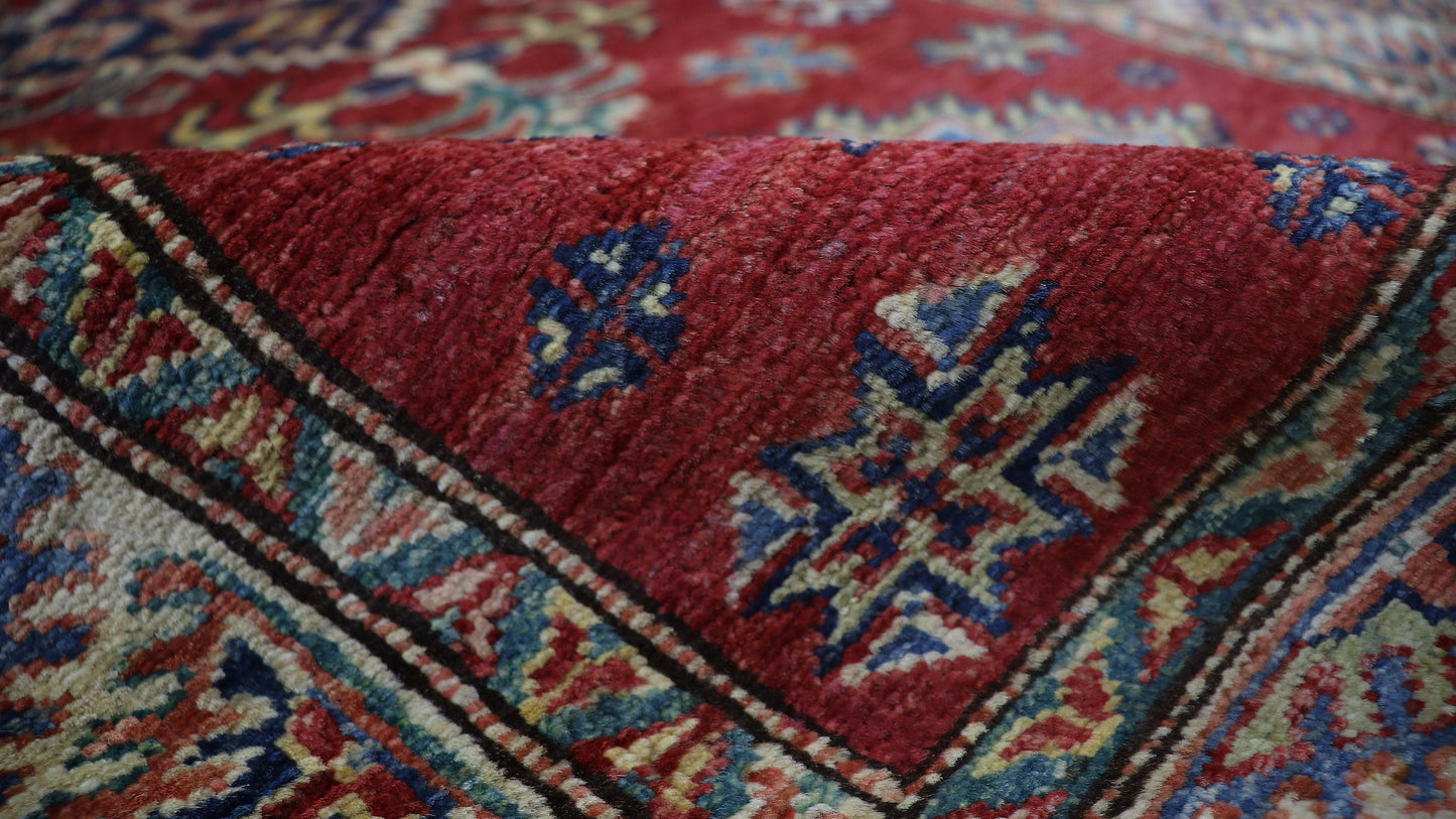8 Ft Oriental Kazak Runner Rug, Red Afghan Hand Knotted Wool Traditional Rectangle Carpet, Entryway Rug, Hallway Rug, Kitchen Rug, Foyer Rug