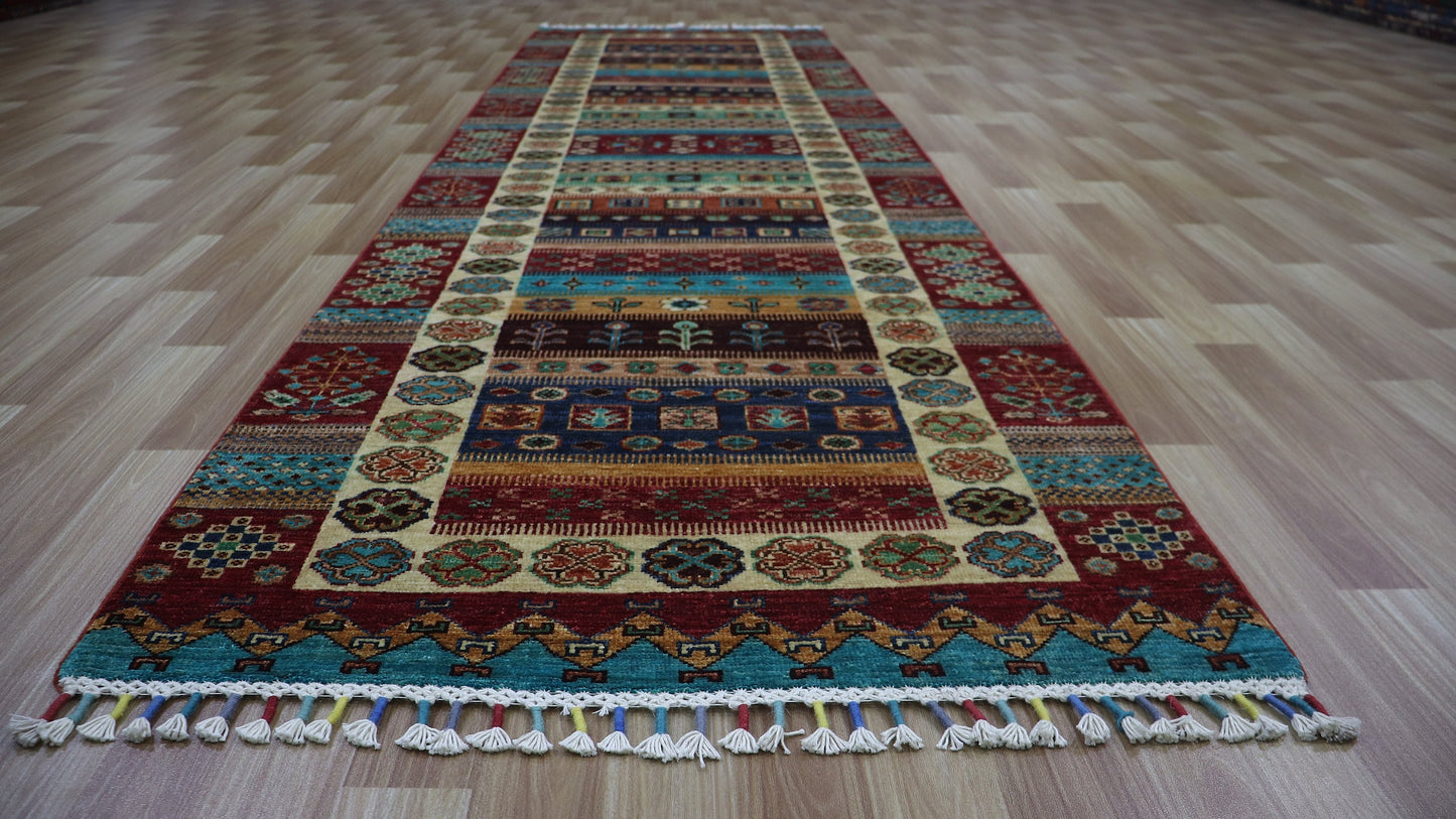 10 Ft Gabbeh Runner Rug, Afghan Hand Knotted Wool Traditional Rectangle Carpet, Entryway Rug, Hallway Rug, Kitchen Rug, Foyer Rug, Stair Rug