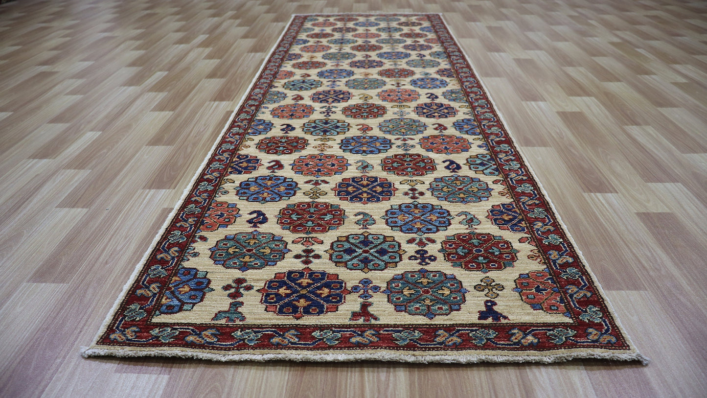 8 Ft Floral Runner Rug, Beige Afghan Hand Knotted Wool Traditional Rectangle Carpet, Entryway Rug, Hallway Rug, Kitchen Rug, Foyer Rug