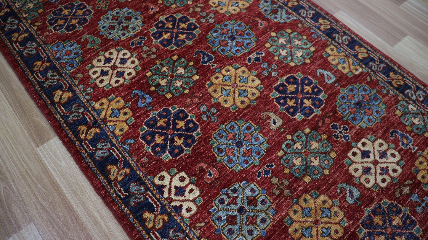 10 Ft Floral Runner Rug, Red Blue Afghan Hand Knotted Wool Traditional Rectangle Carpet, Entryway Rug, Hallway Rug, Kitchen Rug, Foyer Rug