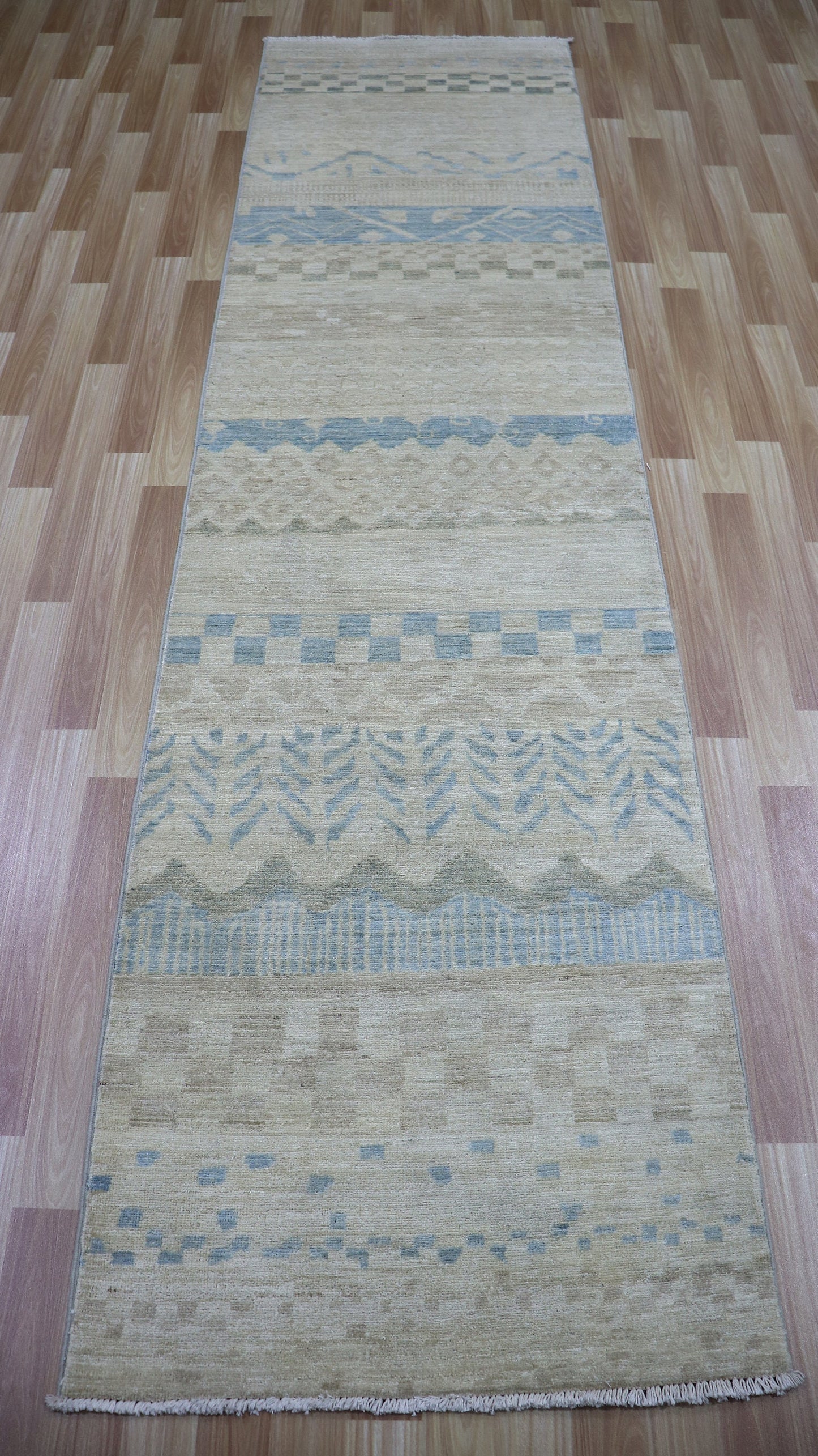10 Ft Striped Runner Rug, Beige Afghan Hand Knotted Wool Transitional Rectangle Carpet, Entryway Rug, Hallway Rug, Kitchen Rug, Foyer Rug
