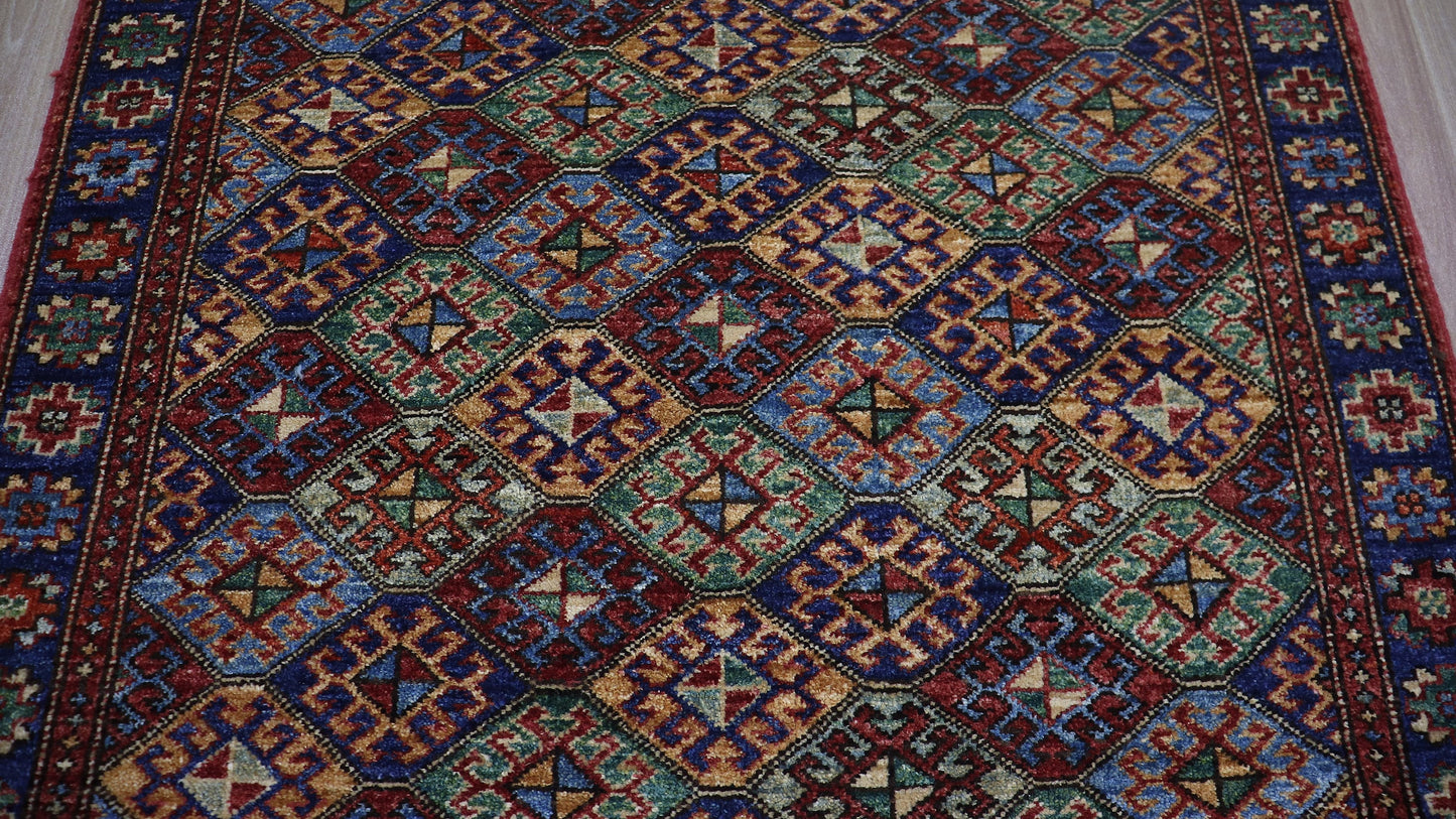 10 Ft Oriental Runner Rug, Red Blue Afghan Hand Knotted Wool Traditional Rectangle Carpet, Entryway Rug, Hallway Rug, Kitchen Rug, Foyer Rug