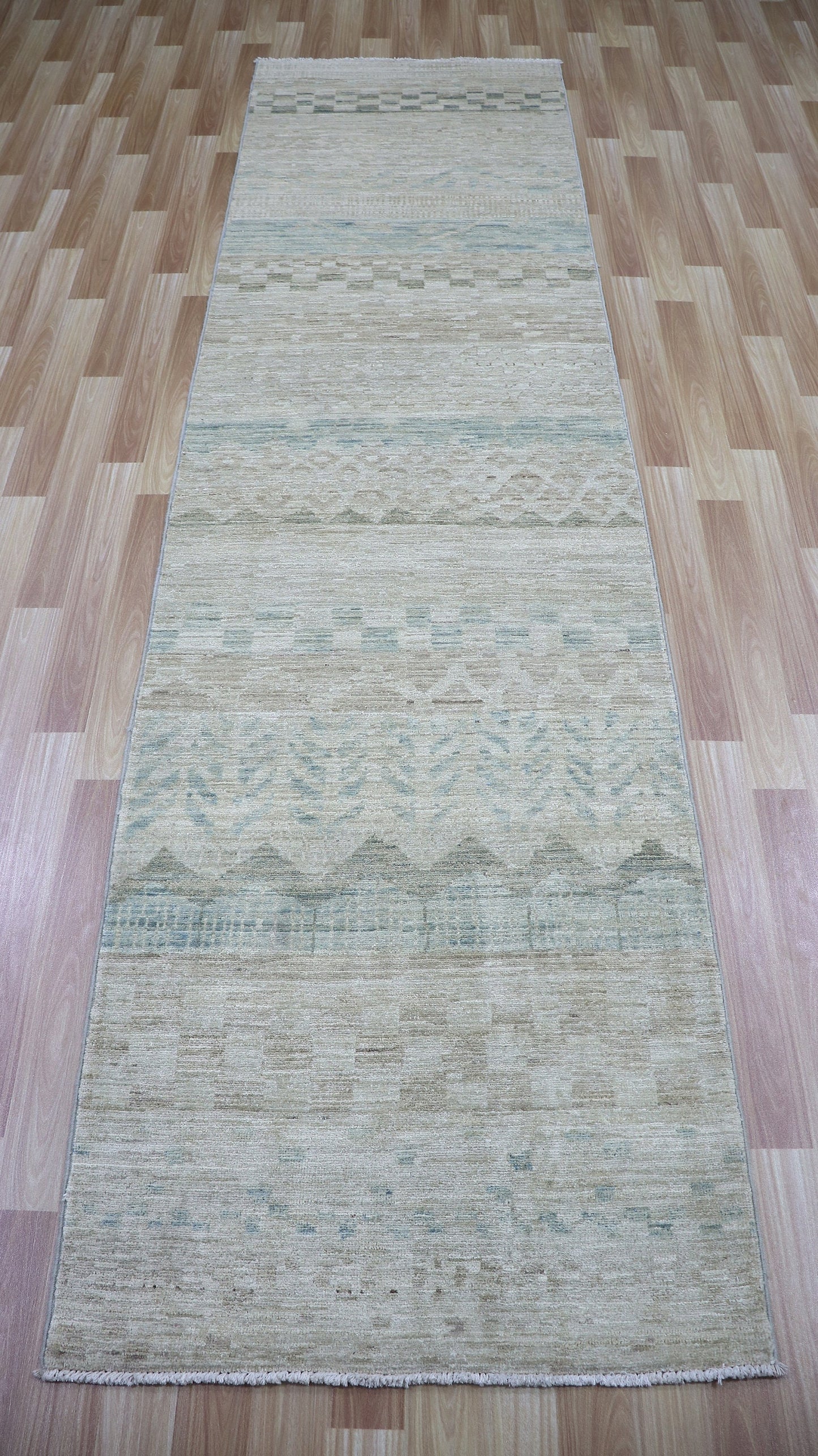 10 Ft Transitional Runner Rug, Beige Afghan Hand Knotted Wool Abstract Rectangle Carpet, Entryway Rug, Hallway Rug, Kitchen Rug, Foyer Rug