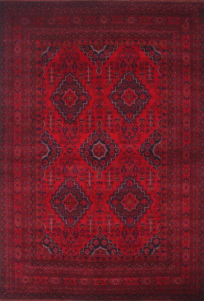 7x10 Ft Oriental Bokhara Area Rug, Red Afghan Hand Knotted Wool Traditional Rectangle Carpet, Living Room Rug, Bedroom Rug, Dining Table Rug