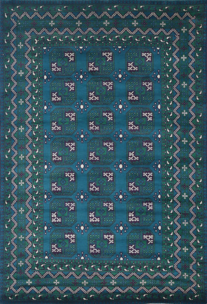 7x10 Ft Oriental Bokhara Area Rug, Blue Green Afghan Hand Knotted Plush Wool Traditional Rectangle Carpet, Rugs For Living Room, Bedroom Rug