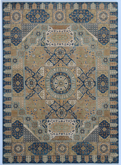 8x10 Ft Oriental Mamluk Area Rug, Blue Afghan Hand Knotted Wool Traditional Rectangle Carpet, Living Room Rug, Bedroom Rug, Dining Table Rug