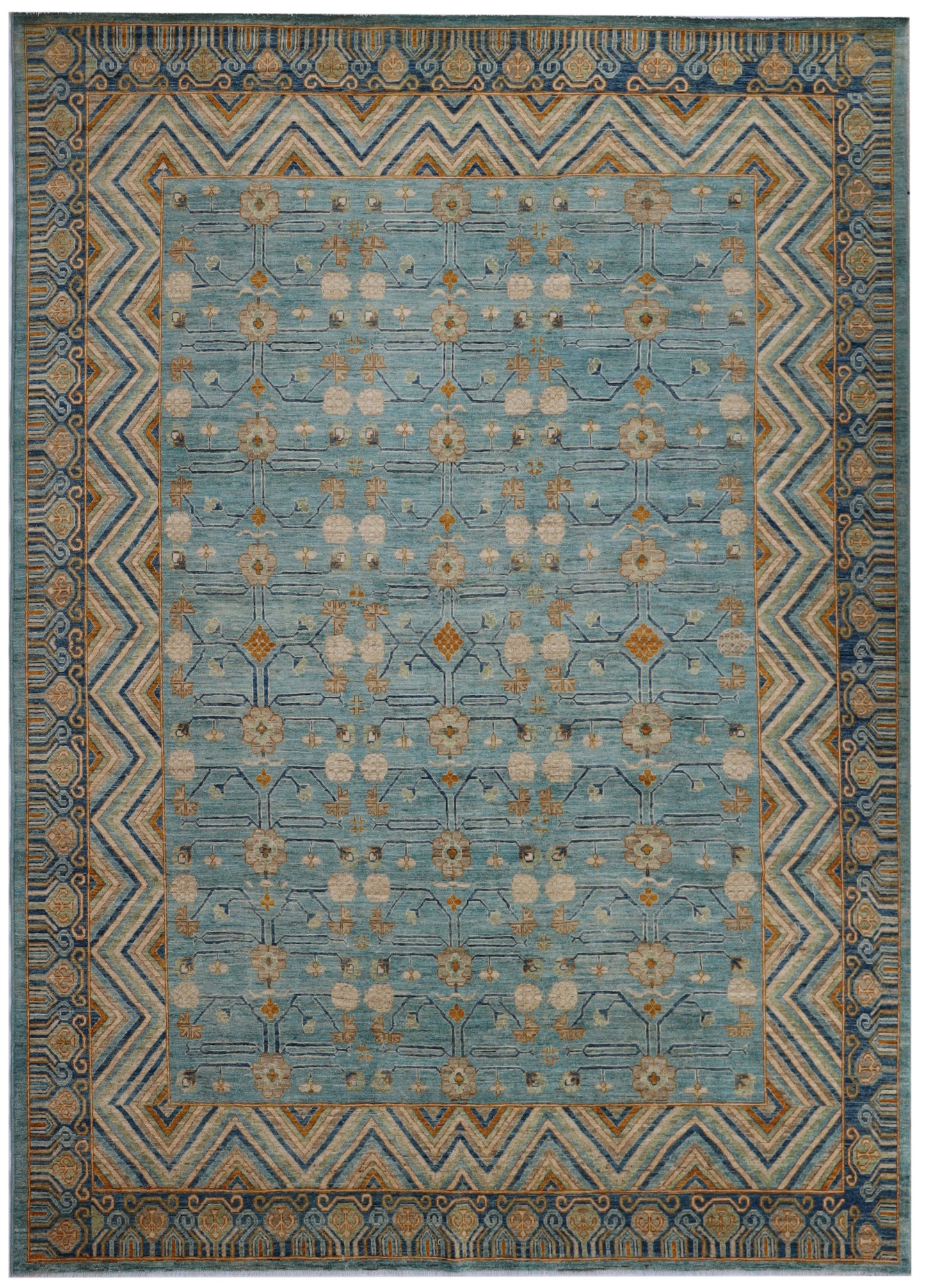 10x13 Ft Blue Oriental Large Area Rug, Afghan Hand Knotted Wool Traditional Rectangle Carpet, Living Room Rug, Bedroom Rug, Dining Table Rug