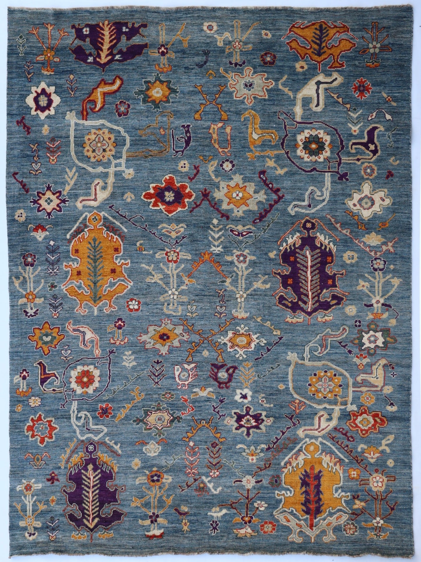 9x11 Ft Blue Oushak Large Area Rug, Afghan Hand Knotted Plush Wool Traditional Rectangle Carpet, Living Room Rug, Bedroom Rug, Floral Rug