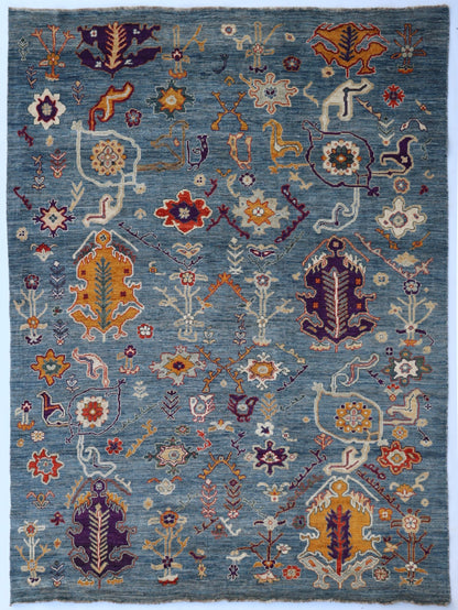 9x11 Ft Blue Oushak Large Area Rug, Afghan Hand Knotted Plush Wool Traditional Rectangle Carpet, Living Room Rug, Bedroom Rug, Floral Rug