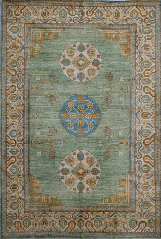 6x9 Ft Green Oriental Area Rug, Afghan Hand Knotted Wool Traditional Rectangle Carpet, Rugs For Living Room, Bedroom Rug, Dining Table Rug