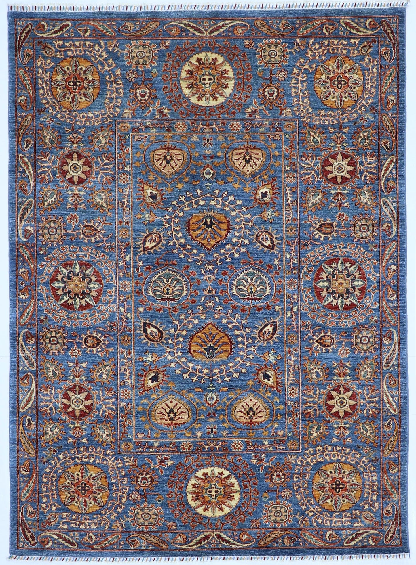 6x8 ft Blue Floral Area Rug, Afghan Hand Knotted Wool Traditional Rectangle Area Carpet, Rugs For Living Room, Bedroom Rug, Dining Table Rug