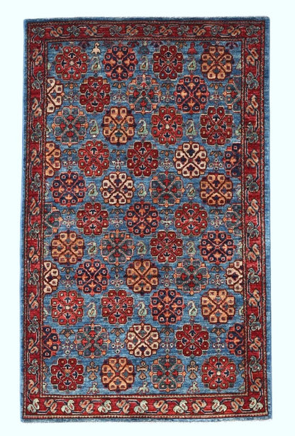 3x5 Ft Oriental Small Area Rug, Blue Red Afghan Hand Knotted Wool Traditional Rectangle Carpet, Rugs For Entryway, Kitchen Rug, Bathroom Rug